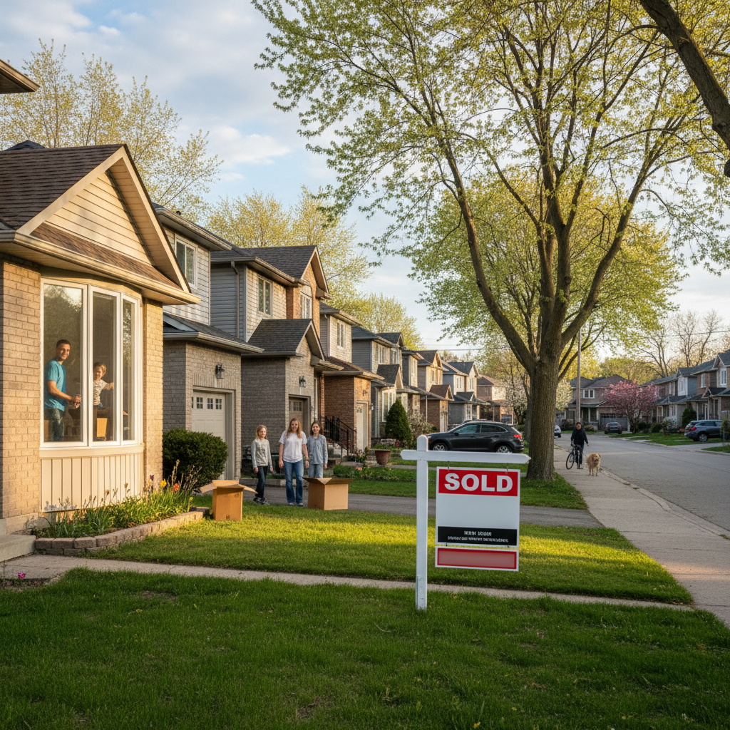 A Mississauga street in spring with a sold sign catching afternoon light