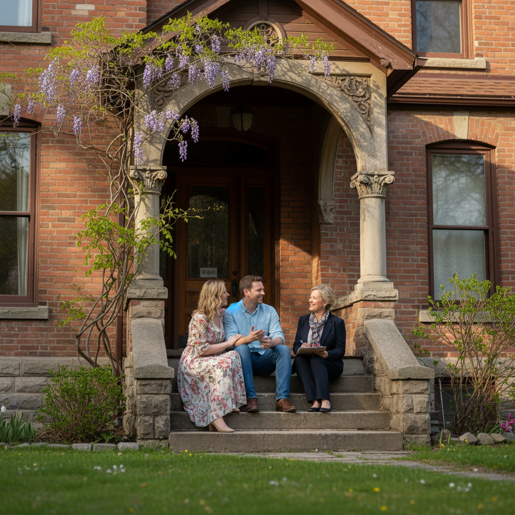 Couple in their late 30s sitting relaxed on the steps of an Oakville Ontario Victorian home they are viewing, a real estate agent beside them with a clipboard, spring afternoon light on old brick, wisteria blooming above the porch